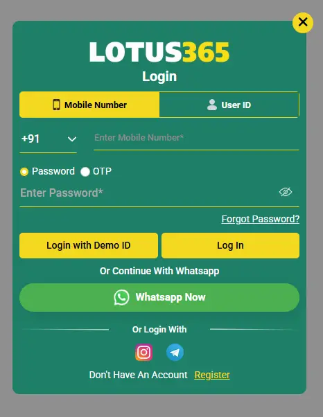 Lotus365 login form showing username and password fields